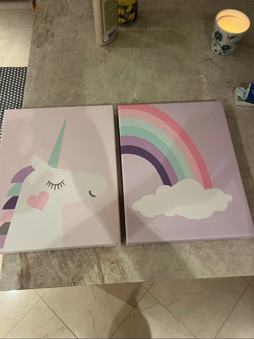 Pastel Unicorn & Rainbow Wall Art Set - Pink